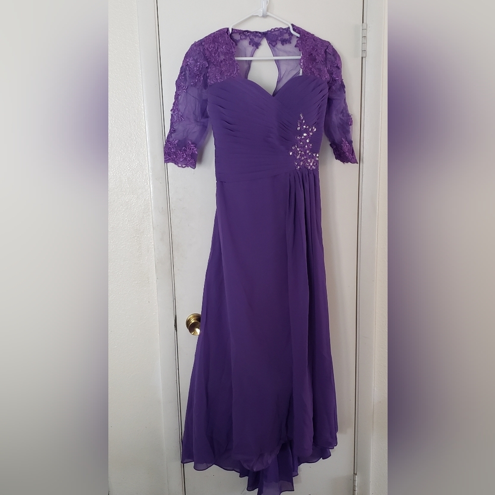 Vnaix Tea-Length with Train 3/4 Sleeve Lace & Chiffon Formal in Purple Size 12
